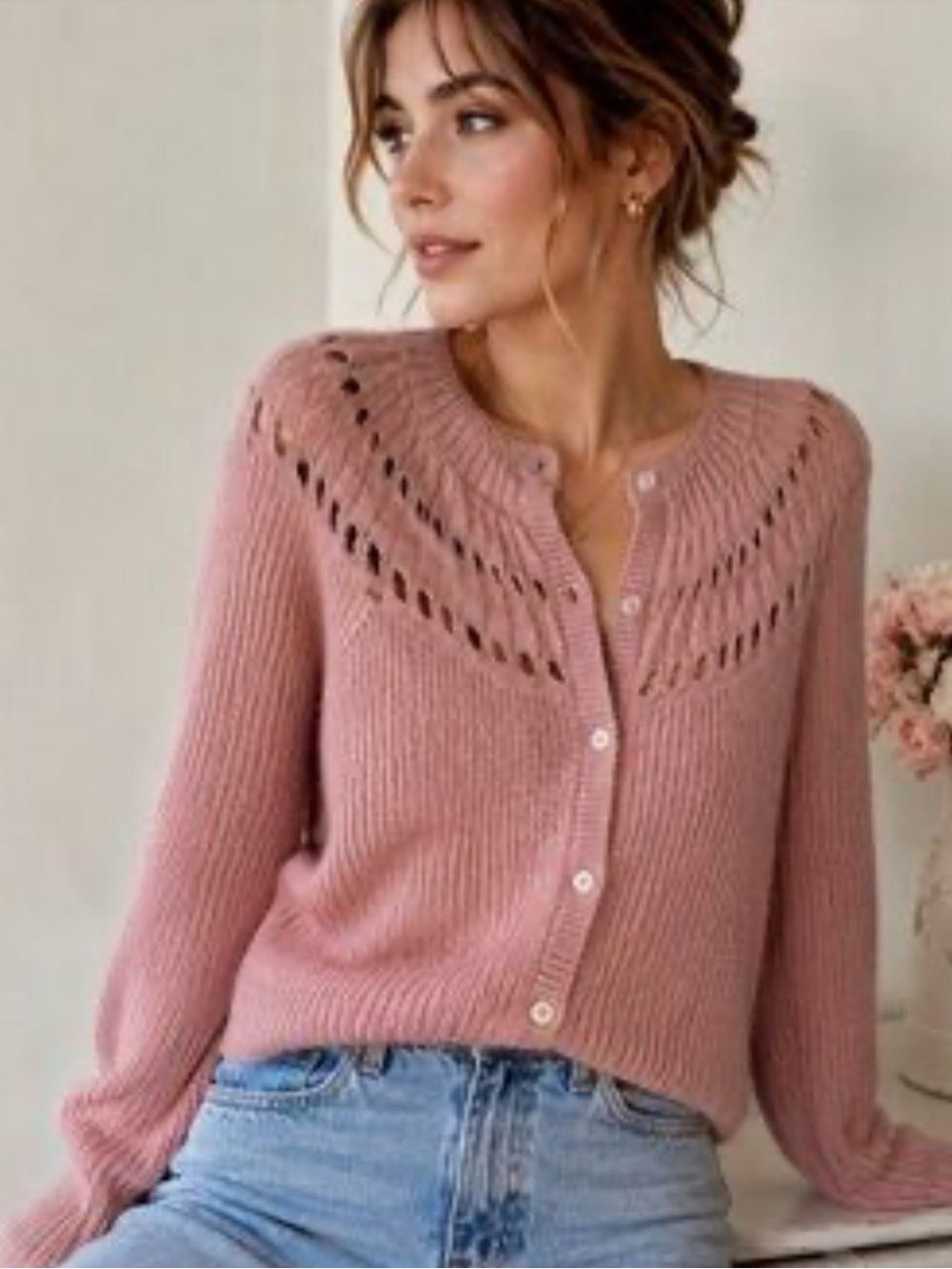 Boden Fluffy Ruffle Cardigan, Dusty mauve Pink Button-Front Knit size S